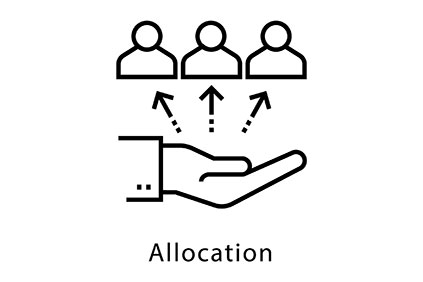 Allocation icon - hand allocating to 3 icon figures